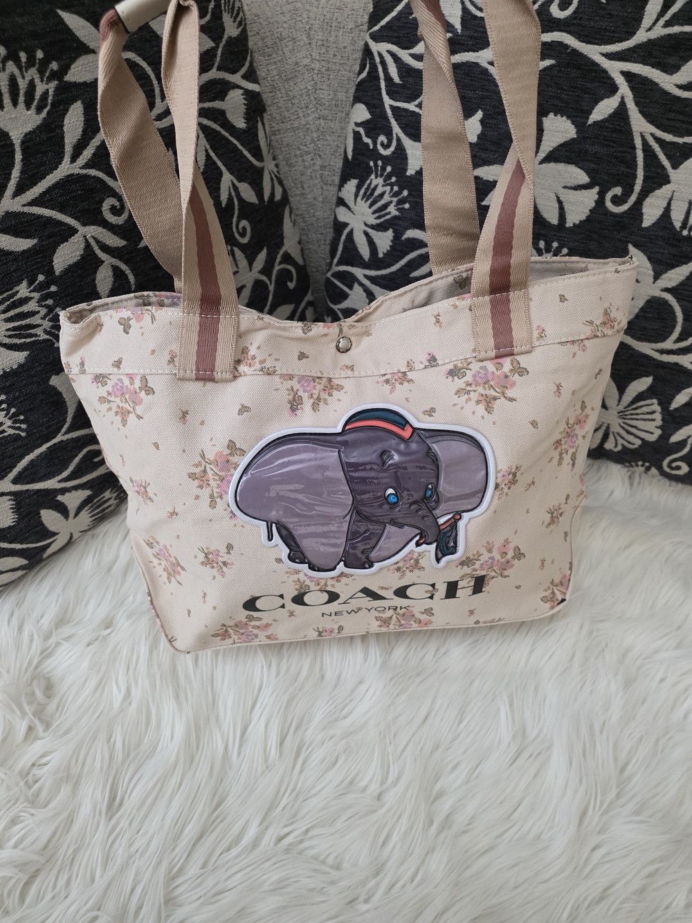Floral Canvas Tote Bag with Elephant Patch- Thailand Inspired